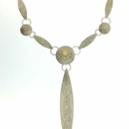 18k white gold and silver mokume gane Diatom necklace with 22k gold and diamond details.  POA.