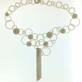 18k white gold and silver mokume gane 'Stramash' necklace with 22k gold and coloured diamond details.  POA.