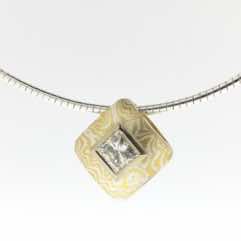22k gold and silver mokume gane square pillow pendant with princess cut diamond.  