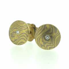 18k white and yellow gold mokume gane small discus studs with diamonds (9mmø). 