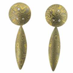 18k white and yellow gold mokume gane stud (15mmø) and drop earrings with diamonds. POA.