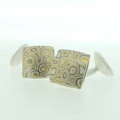 22k gold, 18k white gold and silver mokume gane square pillow cufflinks.  Sterling silver rod and back.