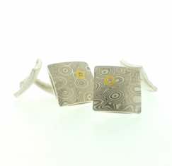 18k white gold and silver mokume gane square pillow cufflinks with 22k gold and diamond details.  Sterling silver rod and back.  