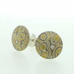 22k gold, 18k white gold and silver mokume gane discus studs (12mmø) with flush set diamonds. 