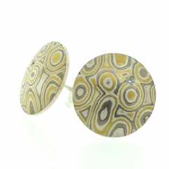 22k gold, 18k white gold and silver mokume gane discus studs (15mmø) with flush set diamonds.