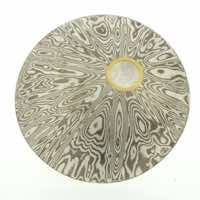 Radiant patterned 18k white gold and silver mokume gane discus brooch (49mmø) with 22k gold rimmed cutaway and diamond detail.
