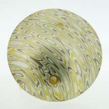 Curved transit patterned 22k gold, 18k white gold and silver mokume gane discus brooch (49mmø) with small 22k gold rimmed cutaway and diamond detail.