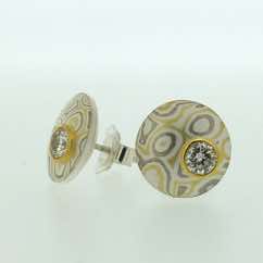 22k gold, 18k white gold and silver mokume gane discus studs (12mmø) with diamonds in low 22k gold rub-over settings.
