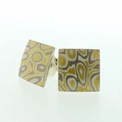 22k gold, 18k white gold and silver mokume gane small square pillow stud earrings.