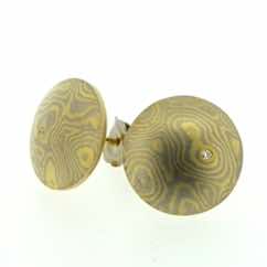 18k white and yellow gold mokume gane discus studs (15mmø) with 22k gold and diamond detail.