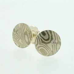 18k white gold and silver mokume gane small discus  studs with flush set diamonds. (10mmø)