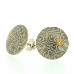18k white gold and silver mokume gane discus studs (15mmø) with 22k gold and flush set diamonds.