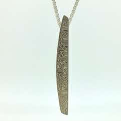 18k white gold and silver mokume gane Sgian pendant with 3 diamonds on a 28' sterling silver spiga chain.  