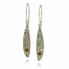 Sgiath drop earrings in 18k white gold and silver mokume gane with amethyst cabochons in 22k gold settings.  